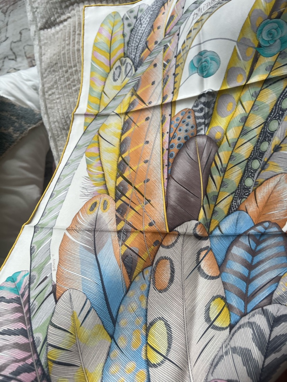 Hermes Plumes en Fete 90cm Silk Feather Print Scarf in Pastel Yellow, Blue, Pink - Picture 13 of 15